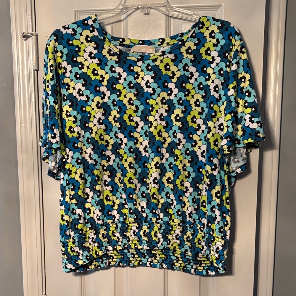 Michael Kors Blue, Teal, Lime Green & White Floral Top